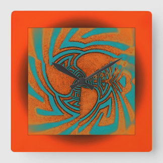 Relógio Quadrado Design abstrato flutuante em laranja com Aqua