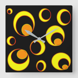 Relógio Quadrado Design abstrato moderno, círculos amarelos em pret