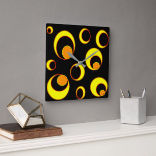Relógio Quadrado Design abstrato moderno, círculos amarelos em pret