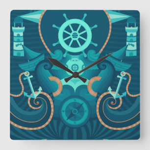 Relógio Quadrado Design azul náutico