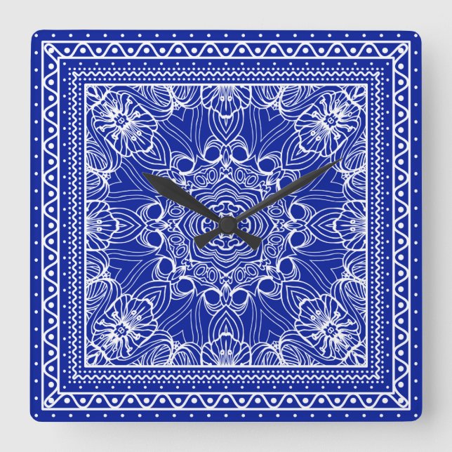 Relógio Quadrado design de bandana azul e branca (Frente)