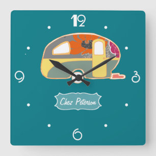 Relógio Quadrado Design de Caravana Azul Turquesa Retro Vintage