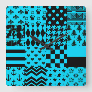 Relógio Quadrado Design de Correção de Padrões Mistos Azul Preto