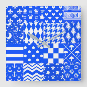 Relógio Quadrado Design de Correção de Padrões Mistos Branco Azul