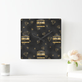 Relógio Quadrado Design de Diamante Preto e Dourado Elegante