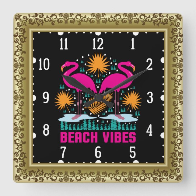 Relógio Quadrado Design de Flamingos Rosa Vibes de Praia (Frente)