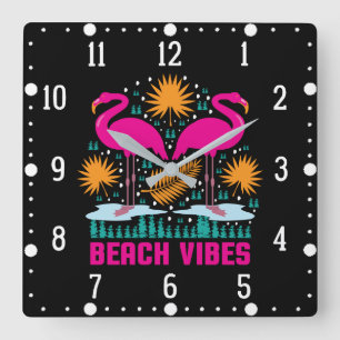 Relógio Quadrado Design de Flamingos Rosa Vibes de Praia