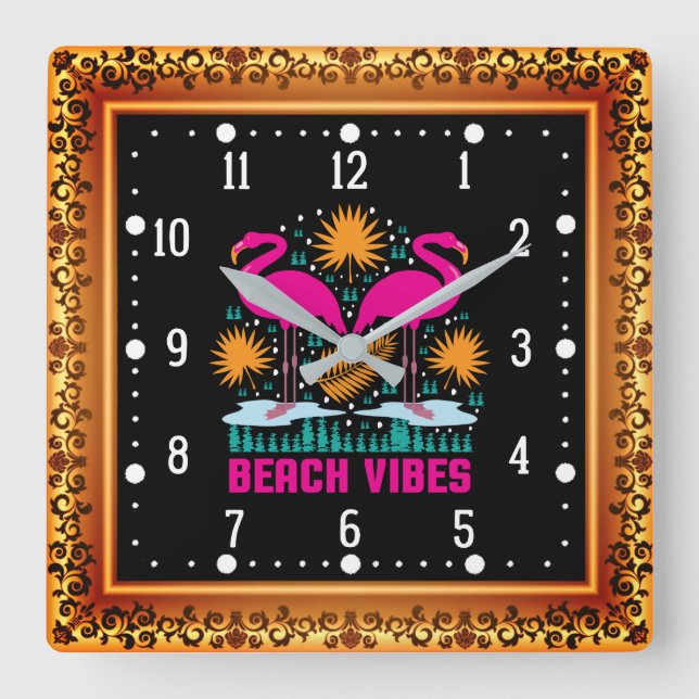 Relógio Quadrado Design de Flamingos Rosa Vibes de Praia (Frente)