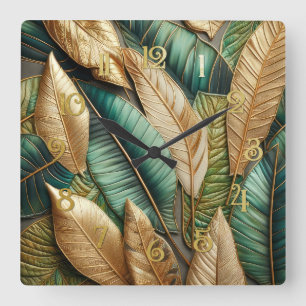 Relógio Quadrado Design de Folhas Tropicais Verdes Douradas Inclina
