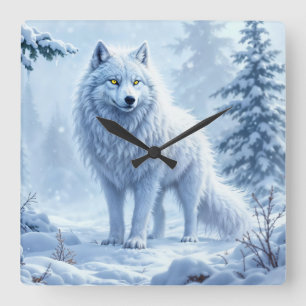 Relógio Quadrado Design de paisagem de inverno do lobo branco do Ár