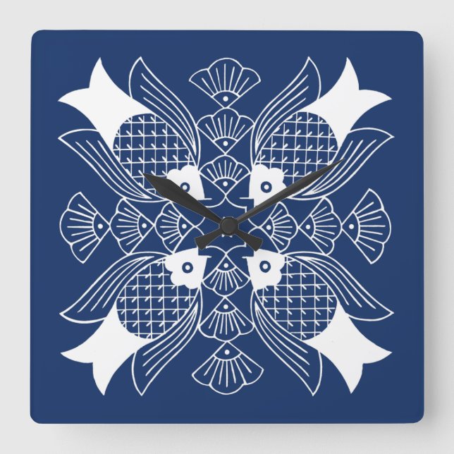 Relógio Quadrado Design de Peixes Submarinos com Fundo Azul (Frente)
