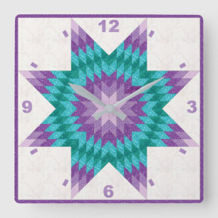 Relógio Quadrado Design de Quilt de Estrela Solitária Roxa e Teal