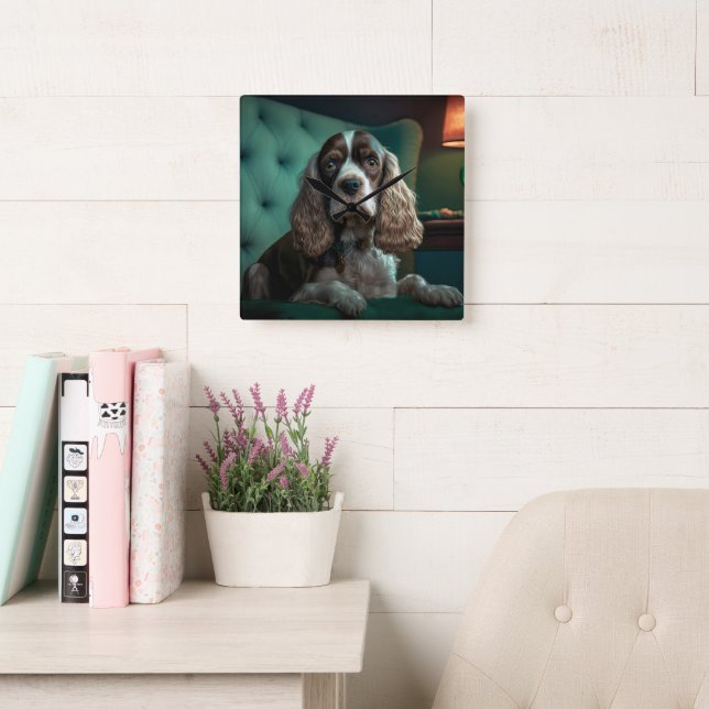 Relógio Quadrado Design de retrato clássico de Cocker Spaniel elega (Sala de leitura)