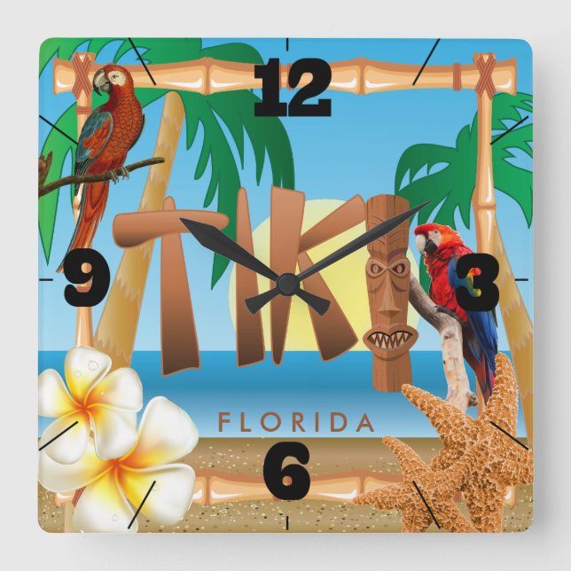Relógio Quadrado Design de Tiki Tropical (Frente)