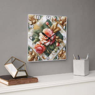 Relógio Quadrado Design Floral Elegante Rosa com Acentos Dourados