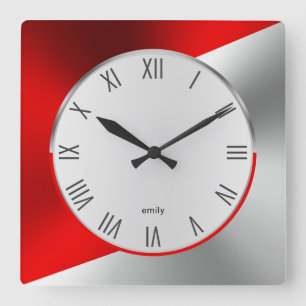 Relógio Quadrado Design Geométrica Moderna de Vermelho e Prata