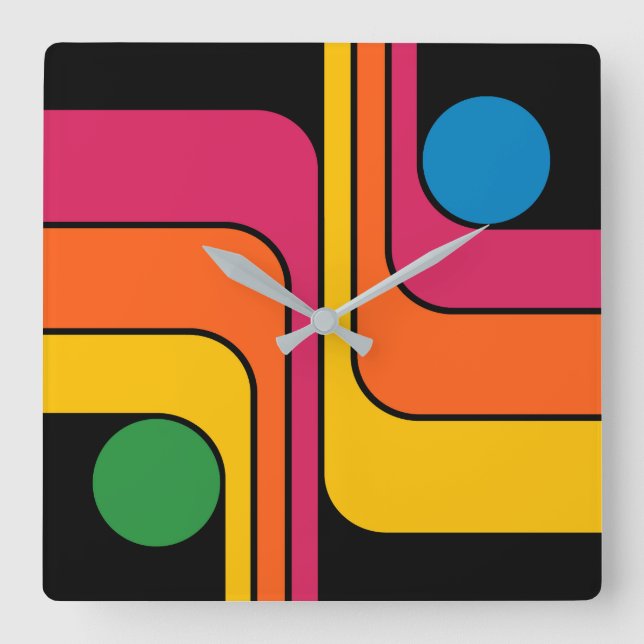 Relógio Quadrado Design Geométrico Estilo Retro Mod Anos 70 (Frente)