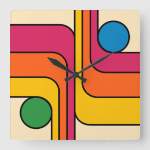 Relógio Quadrado Design Geométrico Estilo Retro Mod dos Anos 70