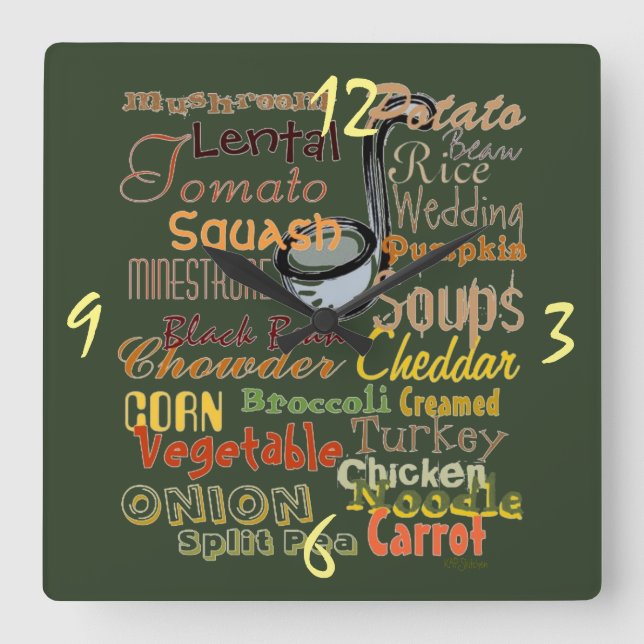 Relógio Quadrado Design gráfico da arte das sopas (Frente)