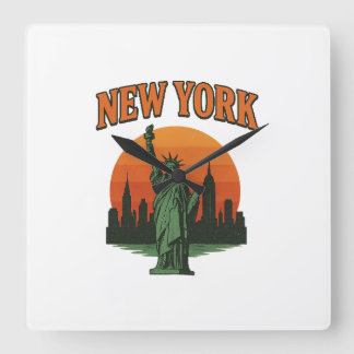 Relógio Quadrado Design Gráfico Vintage de Nova York – Estátua da L