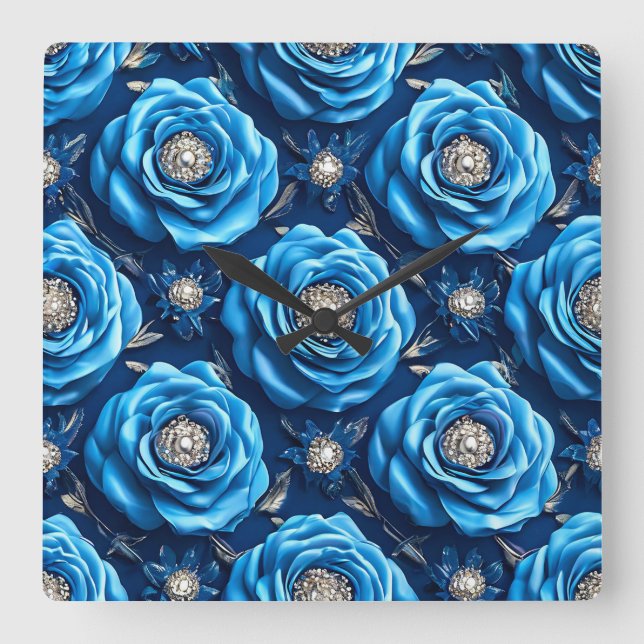 Relógio Quadrado Design Moderno Rosa Luxo Azul (Frente)