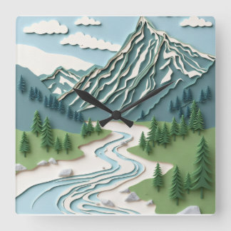 Relógio Quadrado design Montanha Papercut