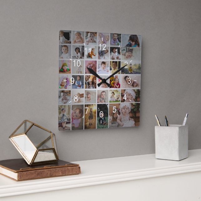 Relógio Quadrado Design Sua Própria Colagem de Fotos 35 (Escritório)