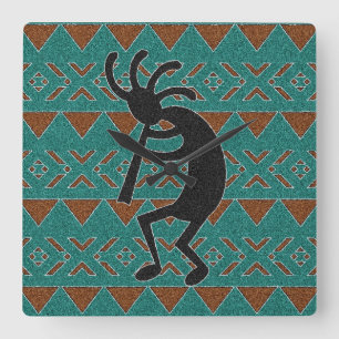 Relógio Quadrado Design tribal Kokopelli de turquesa