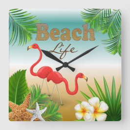 Relógio Quadrado Design Tropical Beach Life com Flamingos