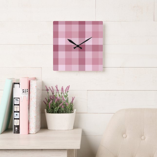 Relógio Quadrado Design Xadrez Gingham Rosa (Sala de leitura)