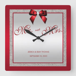 Relógio Quadrado Dia de Casamento do Elegante Ruby Red & Silver Gli