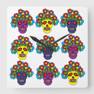 Relógio Quadrado Dia De Los Muertos Crânio Floral Dia De Los Muerto