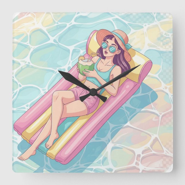 Relógio Quadrado Dia de Piscina Menina Relaxando (Frente)