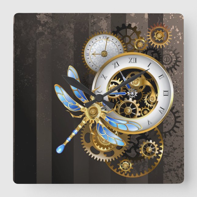Relógio Quadrado Dials Steampunk com Libélula (Frente)