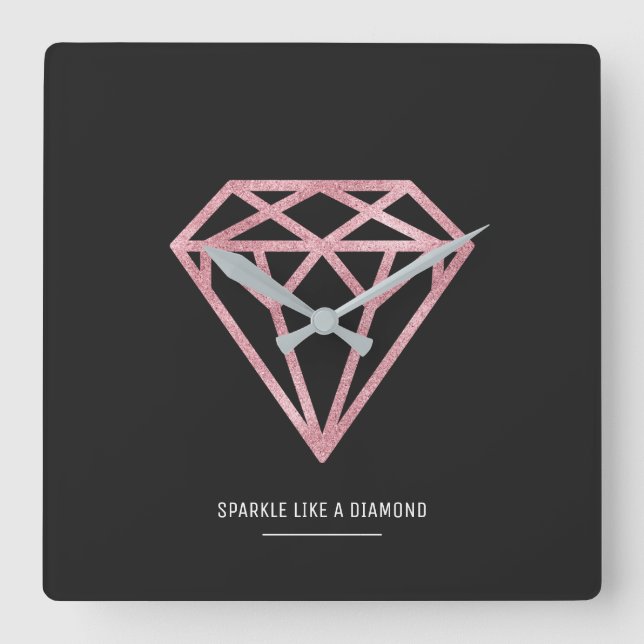 Relógio Quadrado Diamante Dourado cor-de-rosa (Frente)