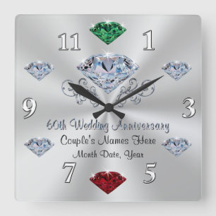 Relógio Quadrado Diamond Anniversary Clock with Your Birthstones