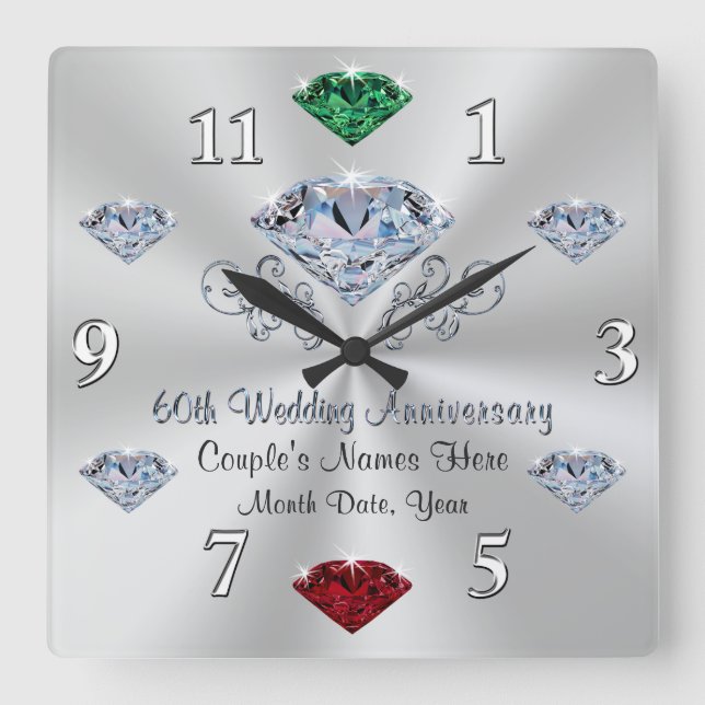 Relógio Quadrado Diamond Anniversary Clock with Your Birthstones (Frente)