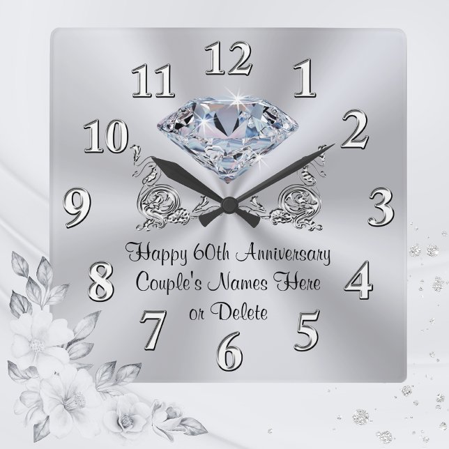 Relógio Quadrado Diamond Personalizado 60º Aniversário Gifts CLOCK (Personalized 60th Anniversary Gifts for Friends, Parents, Family. Diamond Wedding Anniversary Clock.)