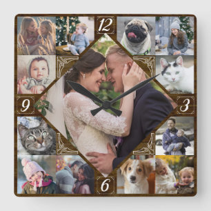 Relógio Quadrado Diamond Shaped Family Photo Collage Rustic Dk Wood