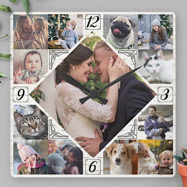 Relógio Quadrado Diamond Shaped Family Photo Collage Rustic Lt Wood (Criador carregado)