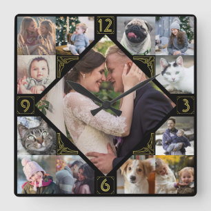 Relógio Quadrado Diamond Shaple Family Photo Collage Mod Black Dour