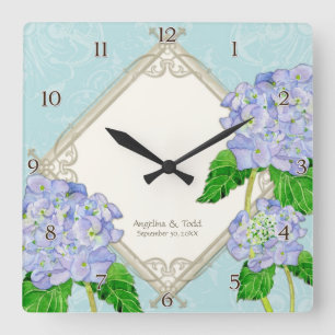 Relógio Quadrado Diamond Swirl Blue Hydrangea Aniversário de Casam