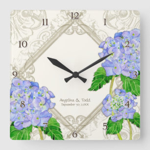 Relógio Quadrado Diamond Swirl Blue Hydrangea Aniversário de Casam