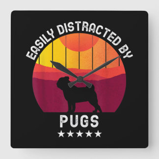 Relógio Quadrado Distraído Facilmente Por Pugs Retro | Pug Dog Love