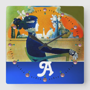 RELÓGIO QUADRADO DIVA EM AZUL, MONOGRAMA DE FASHÃO BELEZA