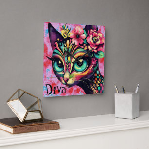 Relógio Quadrado Diva Whimsical Big Eye Cat Gatinho Floral