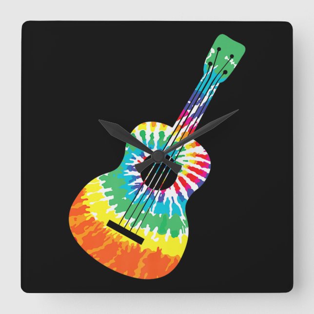 Relógio Quadrado Diversão Hippie Rainbow Tie Dye Acoustic Guitar Pr (Frente)