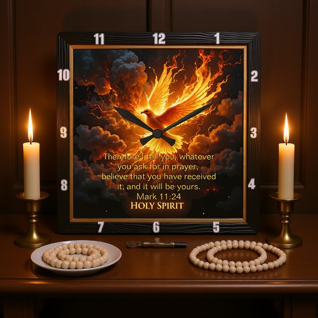 Relógio Quadrado Divine Flame Holy Spirit Dove Mark 11:24 Verse (Criador carregado)