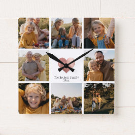 Relógio Quadrado DIY Modern Family Photo Collage Rosa Dourado Heart