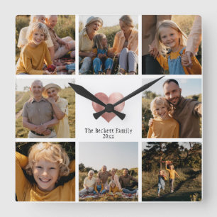 Relógio Quadrado DIY Modern Family Photo Collage Rosa Dourado Heart